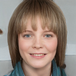 Joyful white child female with medium  brown hair and blue eyes