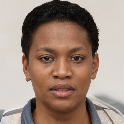 Neutral black young-adult female with short  black hair and brown eyes