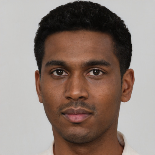 Neutral black young-adult male with short  black hair and brown eyes