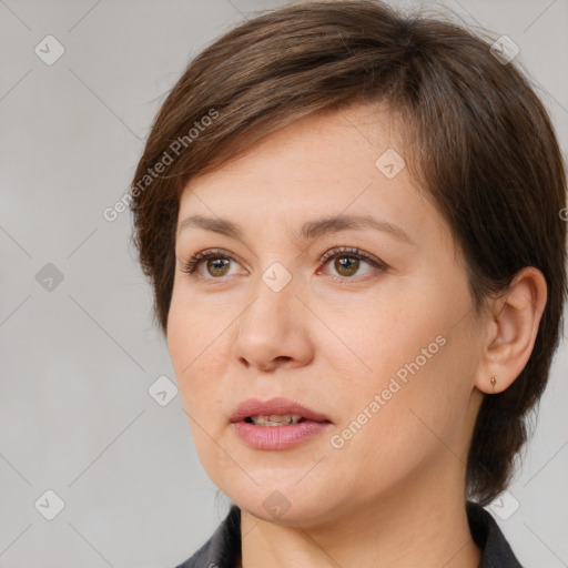 Neutral white young-adult female with medium  brown hair and brown eyes