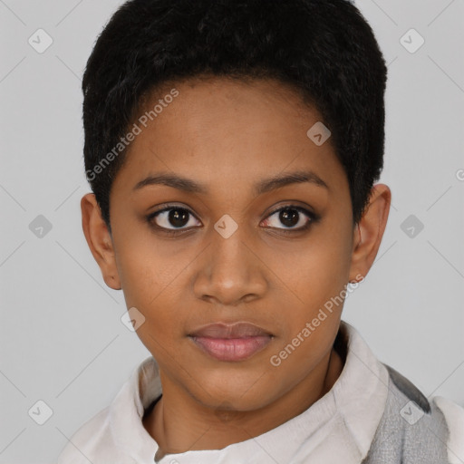 Neutral black young-adult female with short  black hair and brown eyes