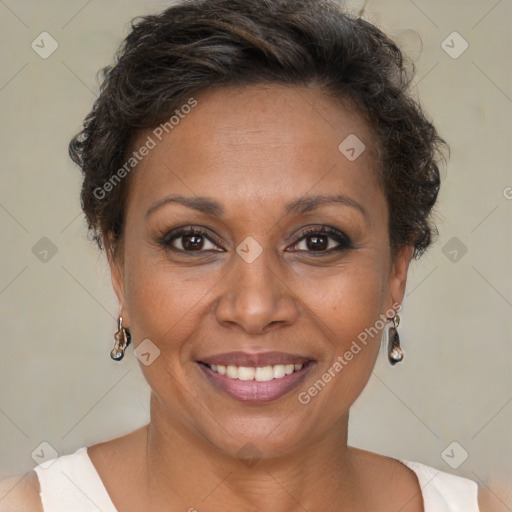 Joyful white adult female with short  brown hair and brown eyes