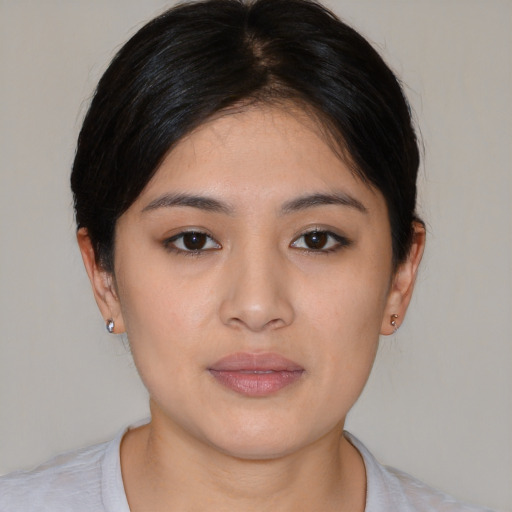 Neutral asian young-adult female with short  black hair and brown eyes