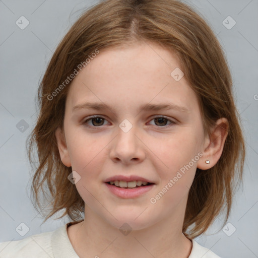 Joyful white child female with medium  brown hair and brown eyes