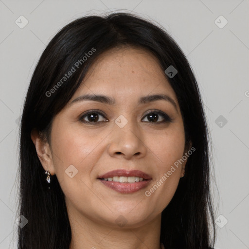 Joyful white young-adult female with long  brown hair and brown eyes