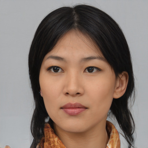 Neutral asian young-adult female with medium  black hair and brown eyes