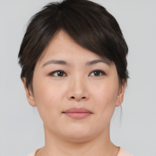Neutral asian young-adult female with short  brown hair and brown eyes