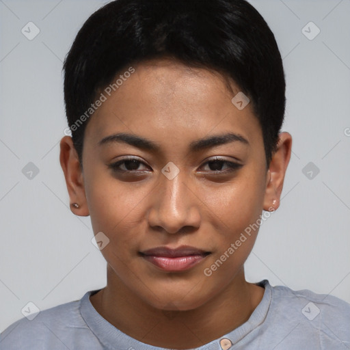 Joyful asian young-adult female with short  brown hair and brown eyes