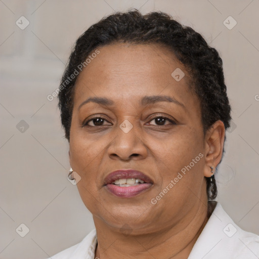 Joyful black adult female with short  brown hair and brown eyes