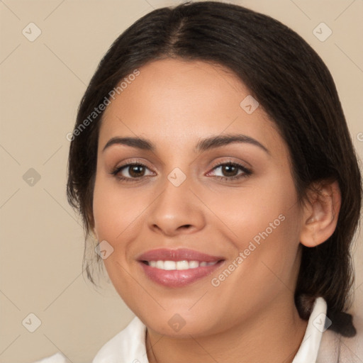 Joyful white young-adult female with medium  brown hair and brown eyes