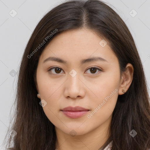 Neutral white young-adult female with long  brown hair and brown eyes