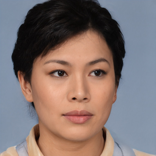Neutral asian young-adult female with short  brown hair and brown eyes