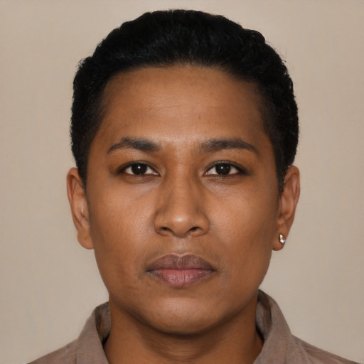 Neutral latino young-adult female with short  black hair and brown eyes
