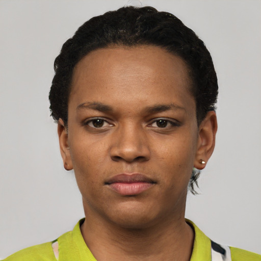 Neutral black young-adult female with short  black hair and brown eyes