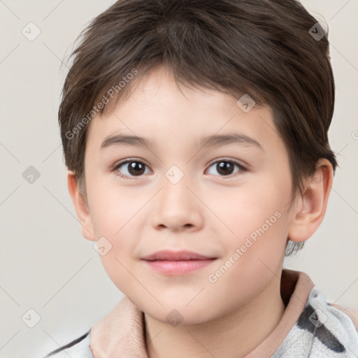 Joyful white child female with short  brown hair and brown eyes