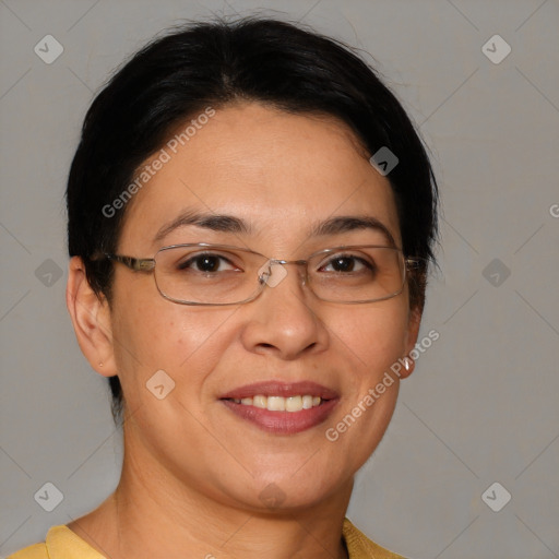 Joyful white adult female with short  brown hair and brown eyes