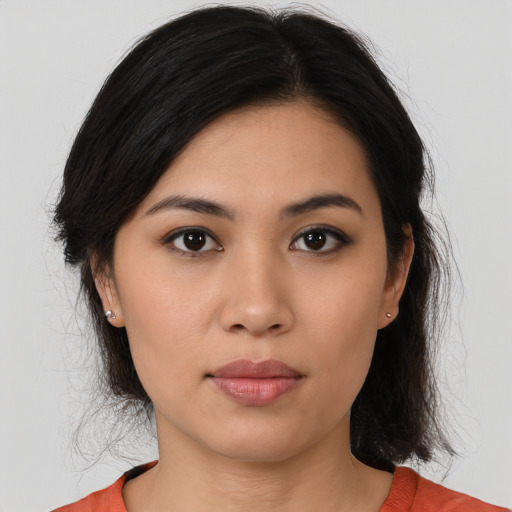 Neutral asian young-adult female with medium  black hair and brown eyes