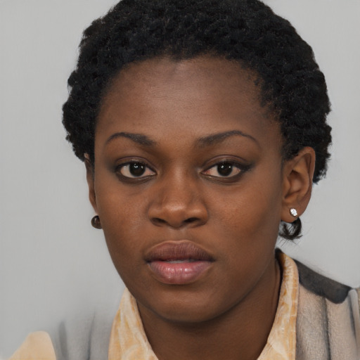 Neutral black young-adult female with short  black hair and brown eyes