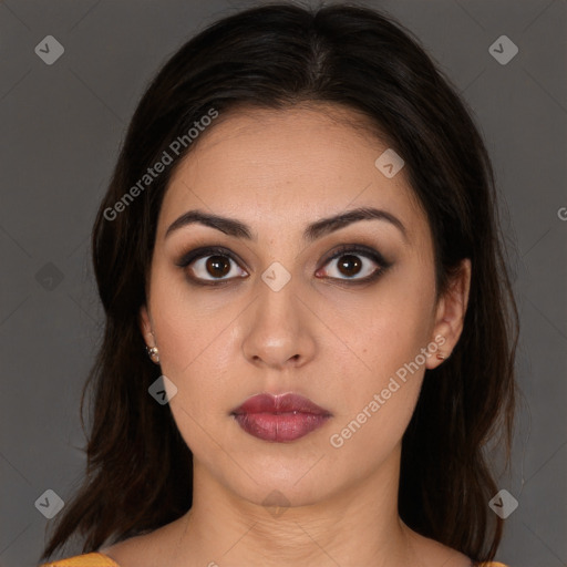 Neutral white young-adult female with long  brown hair and brown eyes