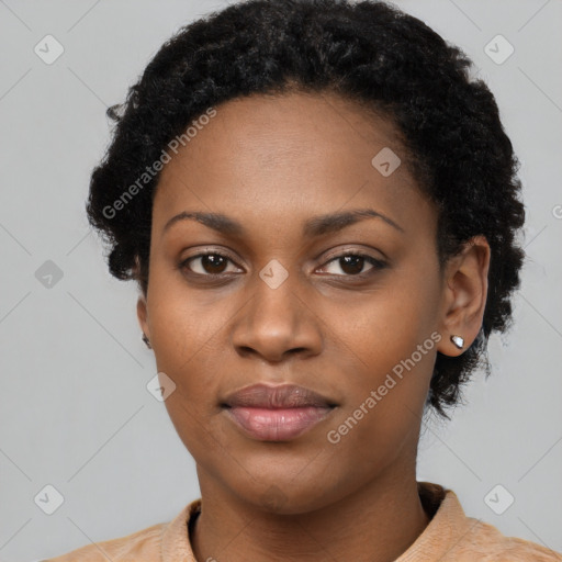 Neutral black young-adult female with short  black hair and brown eyes