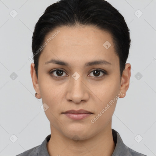 Joyful white young-adult female with short  black hair and brown eyes