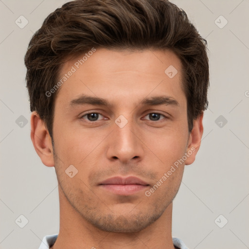 Neutral white young-adult male with short  brown hair and brown eyes