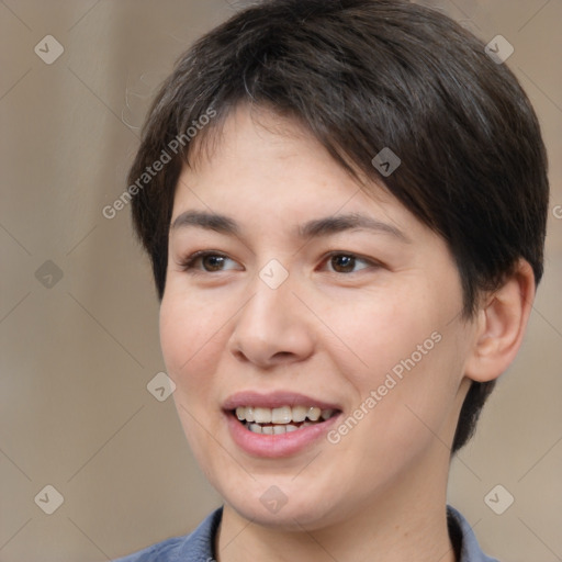Joyful white young-adult female with medium  brown hair and brown eyes