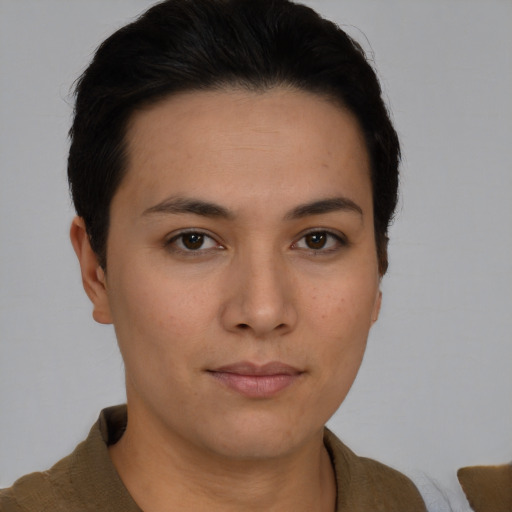 Neutral asian young-adult female with short  brown hair and brown eyes