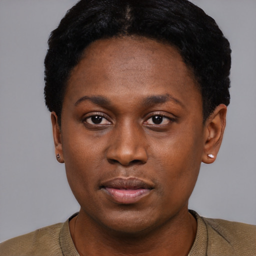 Neutral black young-adult female with short  black hair and brown eyes