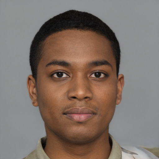 Neutral black young-adult male with short  black hair and brown eyes