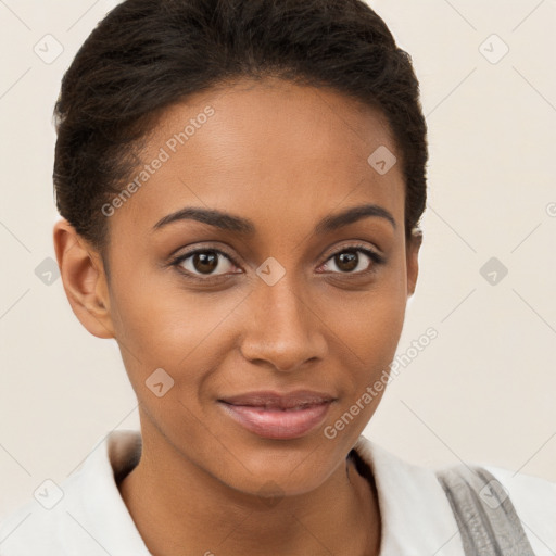 Joyful black young-adult female with short  brown hair and brown eyes