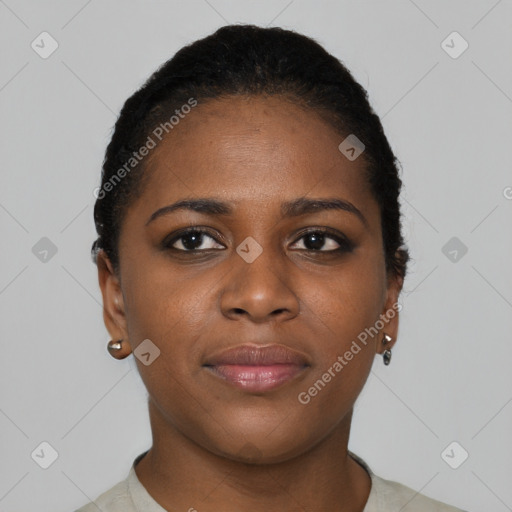 Neutral black young-adult female with short  brown hair and brown eyes