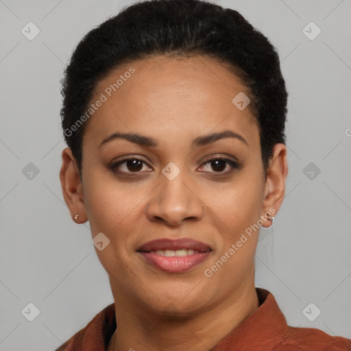 Joyful latino young-adult female with short  black hair and brown eyes