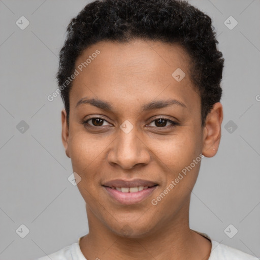 Joyful black young-adult female with short  brown hair and brown eyes