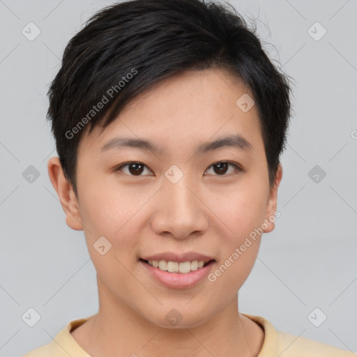 Joyful asian young-adult female with short  brown hair and brown eyes