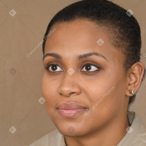 Joyful black young-adult female with short  brown hair and brown eyes