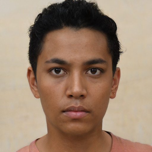 Neutral asian young-adult male with short  black hair and brown eyes