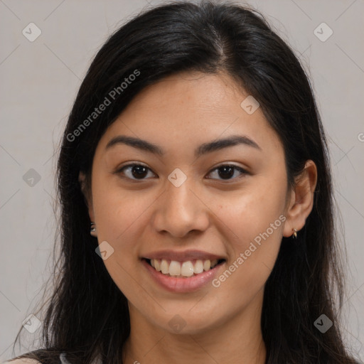 Joyful asian young-adult female with long  brown hair and brown eyes