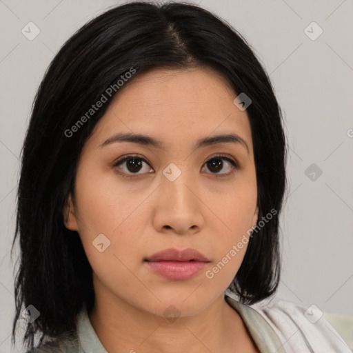 Neutral asian young-adult female with medium  black hair and brown eyes