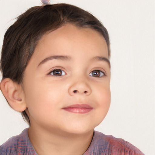 Joyful white child female with short  brown hair and brown eyes