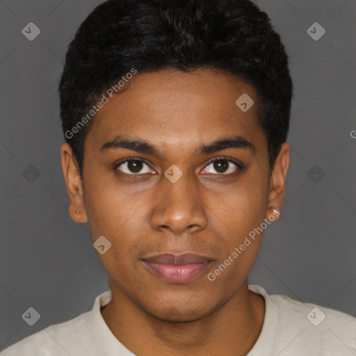 Neutral black young-adult male with short  black hair and brown eyes