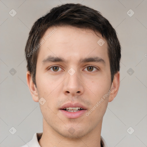 Neutral white young-adult male with short  brown hair and brown eyes