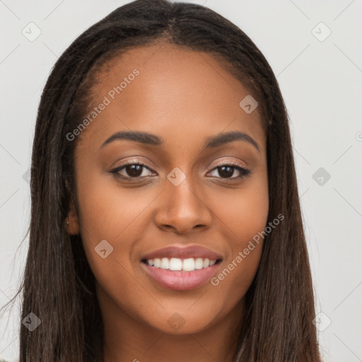 Joyful latino young-adult female with long  brown hair and brown eyes