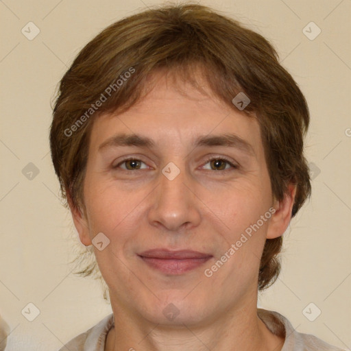 Joyful white adult female with short  brown hair and brown eyes