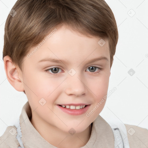 Joyful white child male with short  brown hair and brown eyes