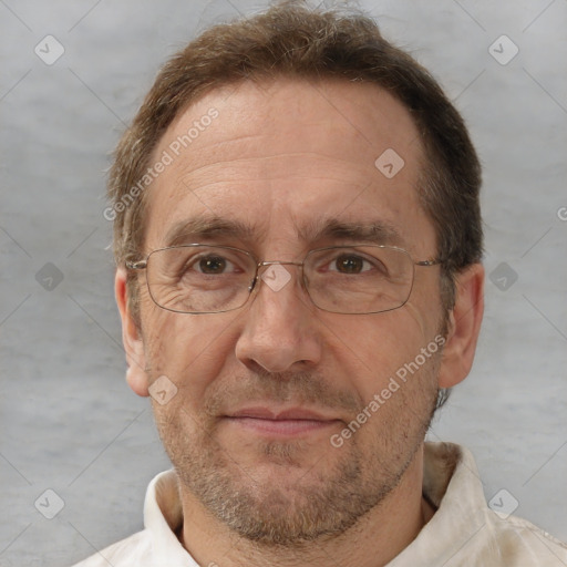 Joyful white middle-aged male with short  brown hair and brown eyes