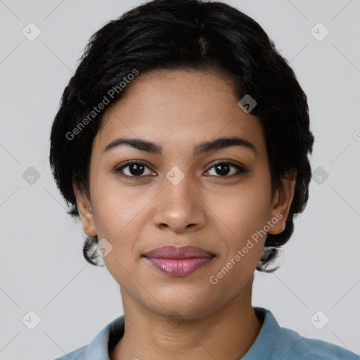 Joyful latino young-adult female with short  black hair and brown eyes