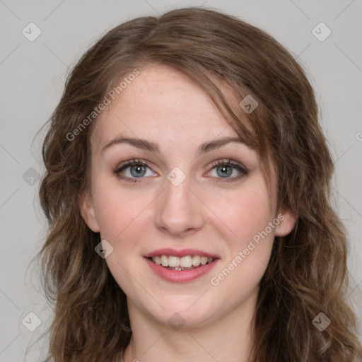 Joyful white young-adult female with medium  brown hair and green eyes