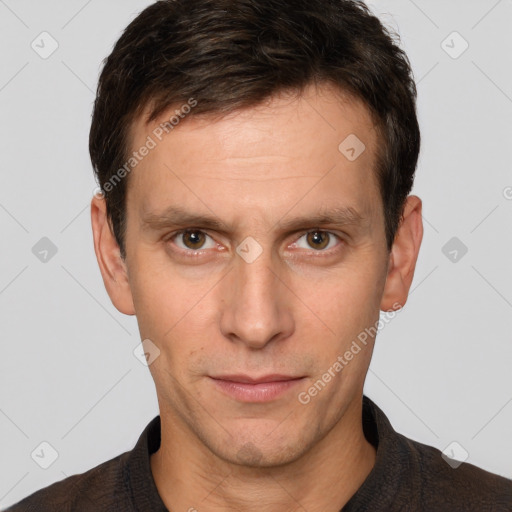 Neutral white young-adult male with short  brown hair and brown eyes