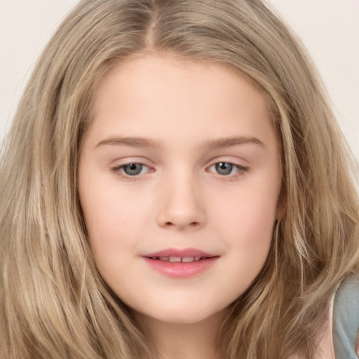 Joyful white child female with long  brown hair and brown eyes